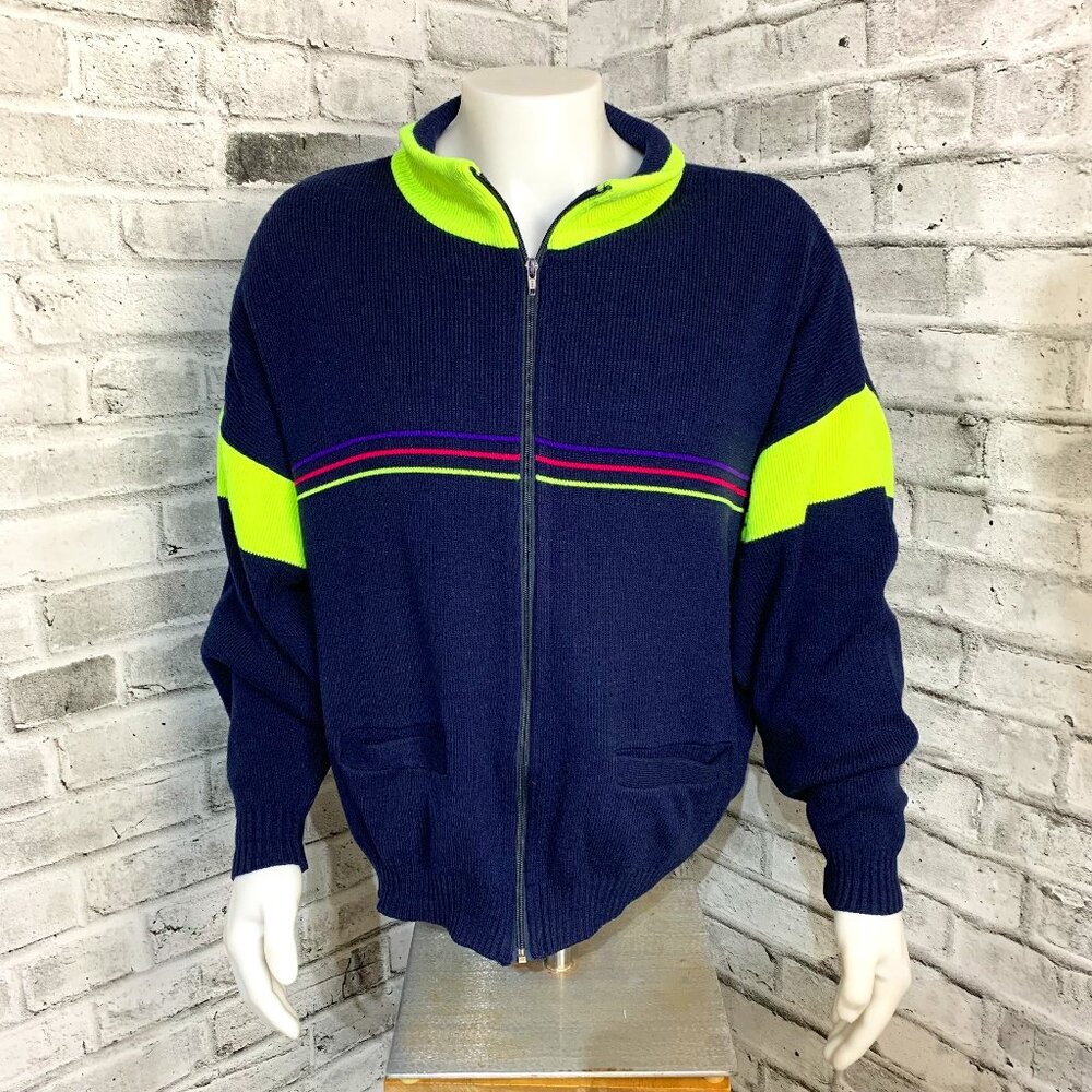 Vintage Jardi Wool Blend Navy Neon Green Knit Full Zip Ski Cadigan Sweater